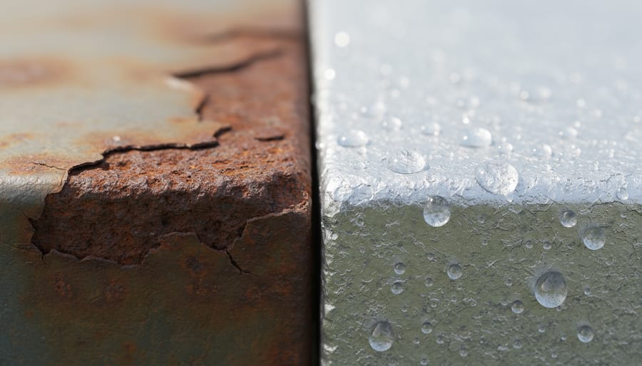 Galvanized steel bracket with moisture sheen outdoors near a solar mounting area