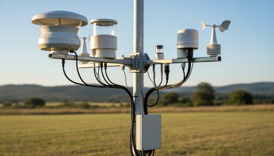 Ground meteorological station with a pyranometer sensor measuring solar irradiance under an overcast sky