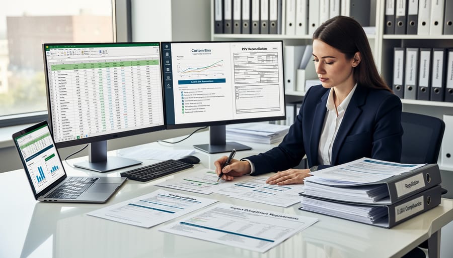 Office professionals reviewing import compliance binder documents with calculator, hard hat visible, and blurred background reference books.