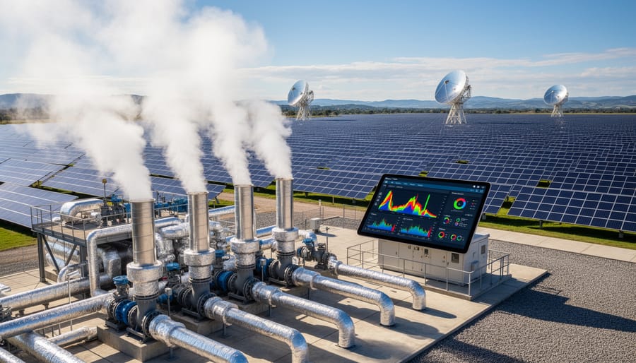 Steam rising from industrial pipework near solar-related equipment under a partly cloudy sky