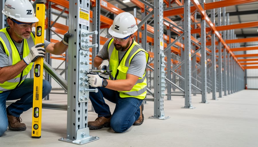 Solar installer tightening bolts on a rooftop solar mounting bracket with safety gear