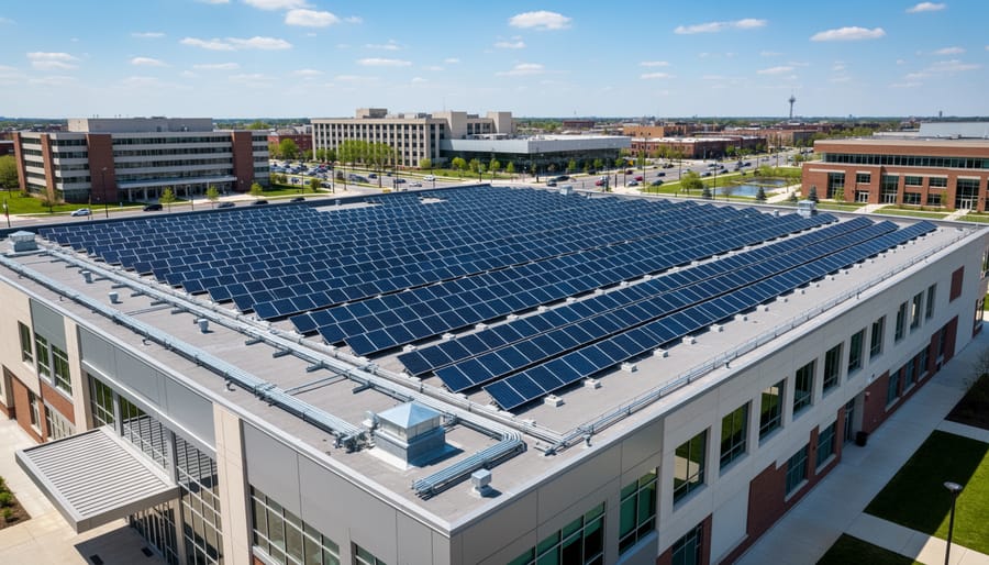 Rooftop solar panels installed on an institutional building under an overcast sky