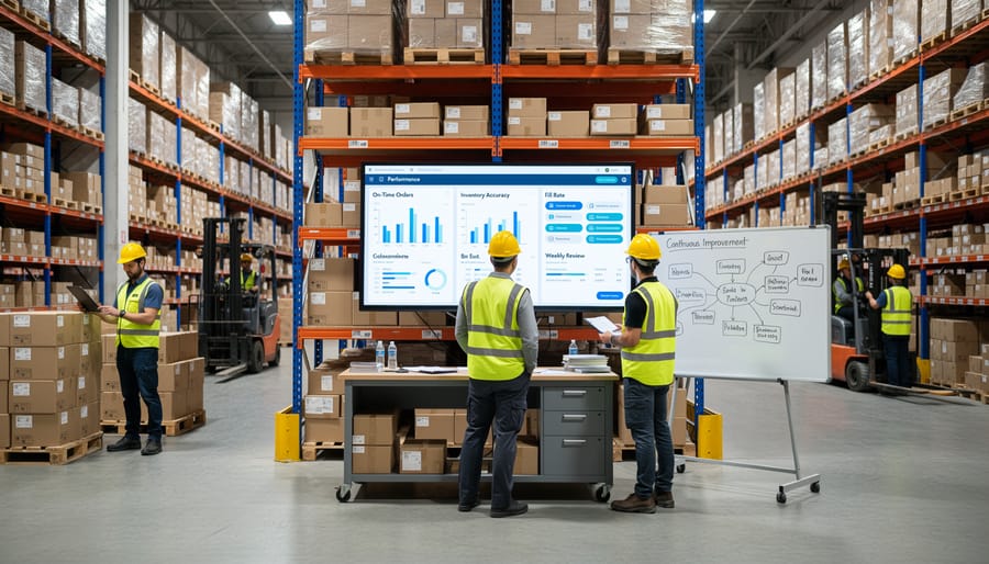 Team members reviewing inventory planning materials in a warehouse environment