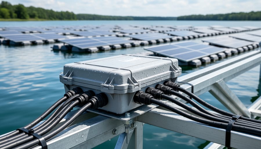Sealed monitoring equipment installed on a floating solar PV platform