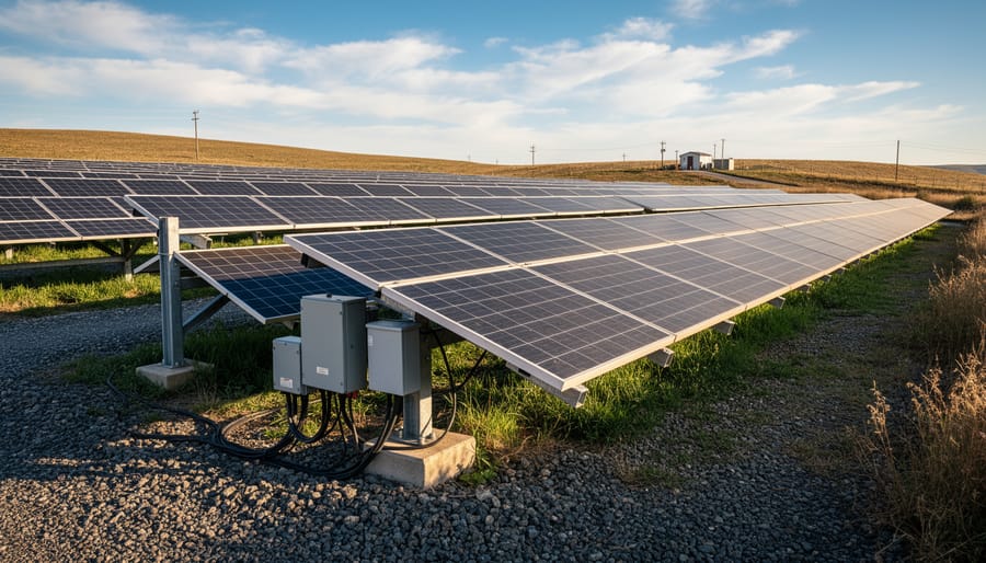 Older ground-mounted solar module field with rows of panels in operation