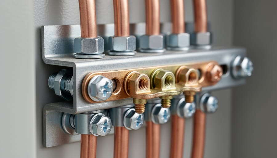 Macro close-up of copper bonding conductor termination on a grounding lug with compression connector