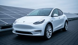 Tesla Model Y parked under rooftop solar panels outdoors, with protective-looking paint sheen and water beading on the hood and panoramic roof.