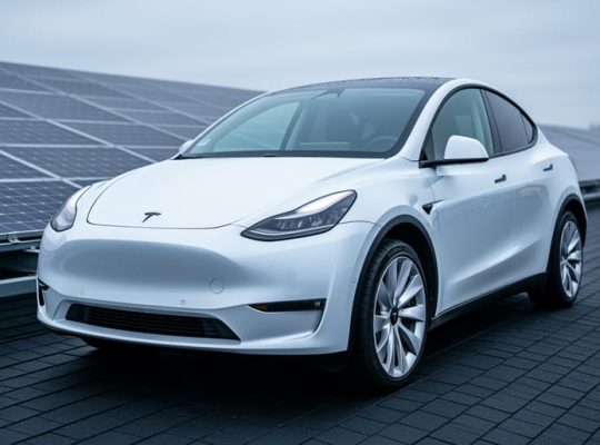 Tesla Model Y parked under rooftop solar panels outdoors, with protective-looking paint sheen and water beading on the hood and panoramic roof.