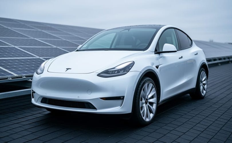 Tesla Model Y parked under rooftop solar panels outdoors, with protective-looking paint sheen and water beading on the hood and panoramic roof.