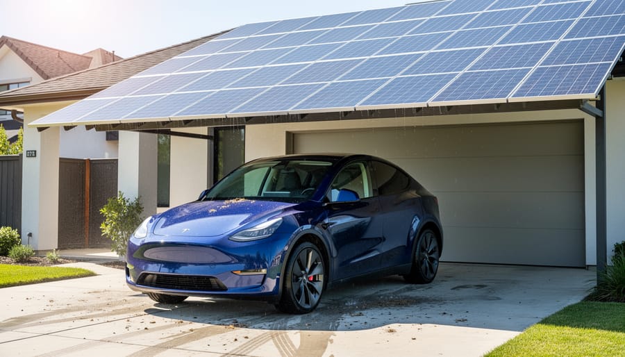 Tesla Model Y parked outdoors beneath a rooftop solar panel array