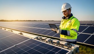 A utility professional inspects sunlit solar panels at a PV farm while using measurement tools for performance verification, captured in an editorial photo style.