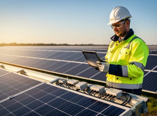 A utility professional inspects sunlit solar panels at a PV farm while using measurement tools for performance verification, captured in an editorial photo style.