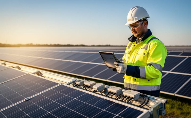 A utility professional inspects sunlit solar panels at a PV farm while using measurement tools for performance verification, captured in an editorial photo style.
