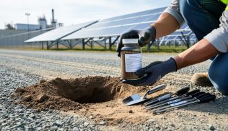 Gloved professional holding a soil sample jar near an excavation site with solar panels in the background, representing Phase 3 environmental remediation.