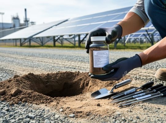 Gloved professional holding a soil sample jar near an excavation site with solar panels in the background, representing Phase 3 environmental remediation.
