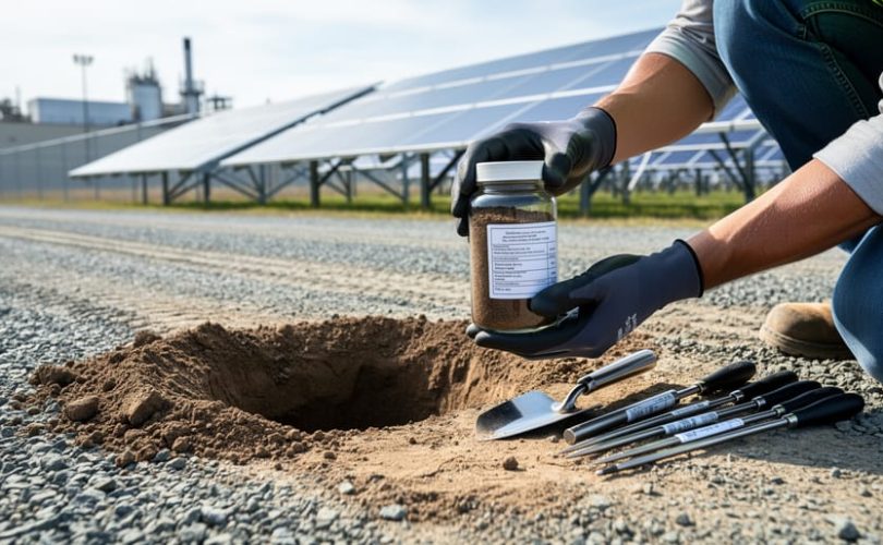Gloved professional holding a soil sample jar near an excavation site with solar panels in the background, representing Phase 3 environmental remediation.