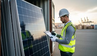 A logistics worker inspecting stacked solar panels beside a shipping container in a warehouse setting, representing procurement and cost-control in the solar supply chain.