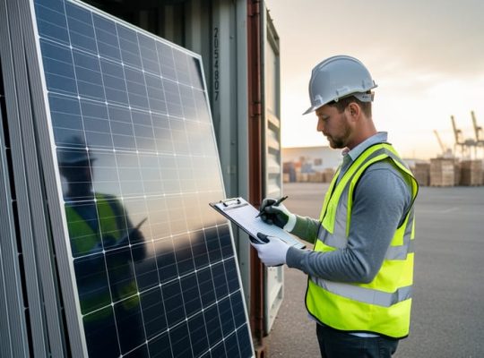 A logistics worker inspecting stacked solar panels beside a shipping container in a warehouse setting, representing procurement and cost-control in the solar supply chain.
