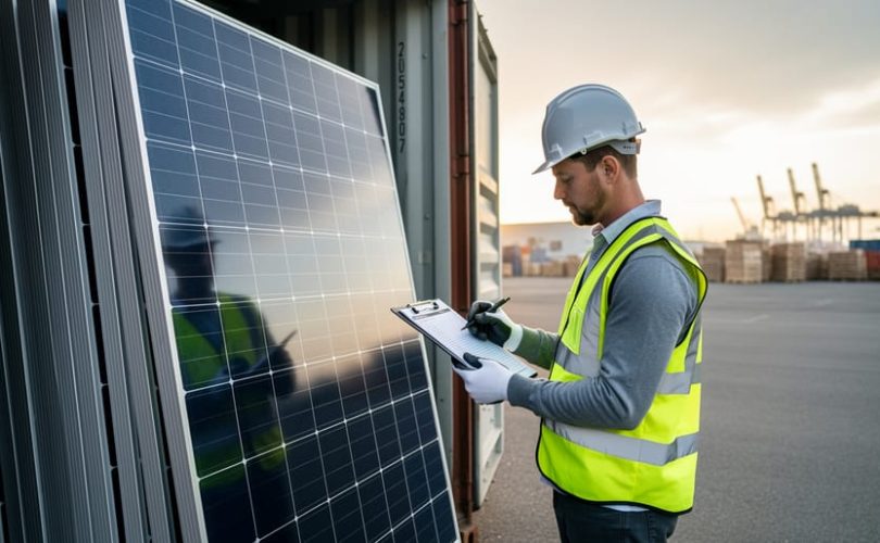 A logistics worker inspecting stacked solar panels beside a shipping container in a warehouse setting, representing procurement and cost-control in the solar supply chain.