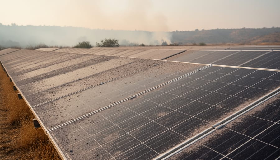 Solar panel array with fine ash dust coating the glass in a smoky environment