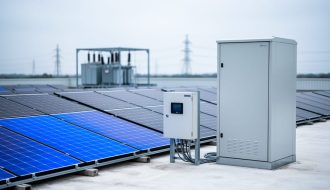 Rooftop solar panels beside a battery energy storage cabinet and inverter equipment under a bright sky, representing PV+BESS system integration.