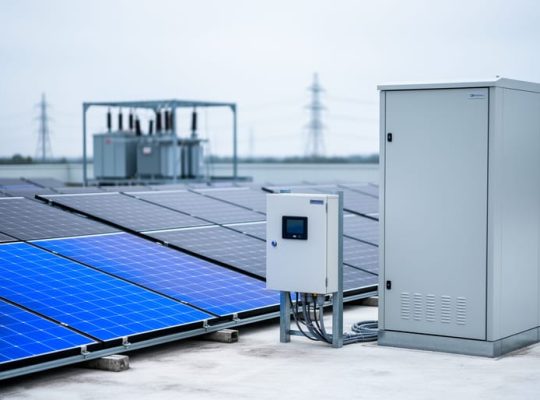 Rooftop solar panels beside a battery energy storage cabinet and inverter equipment under a bright sky, representing PV+BESS system integration.