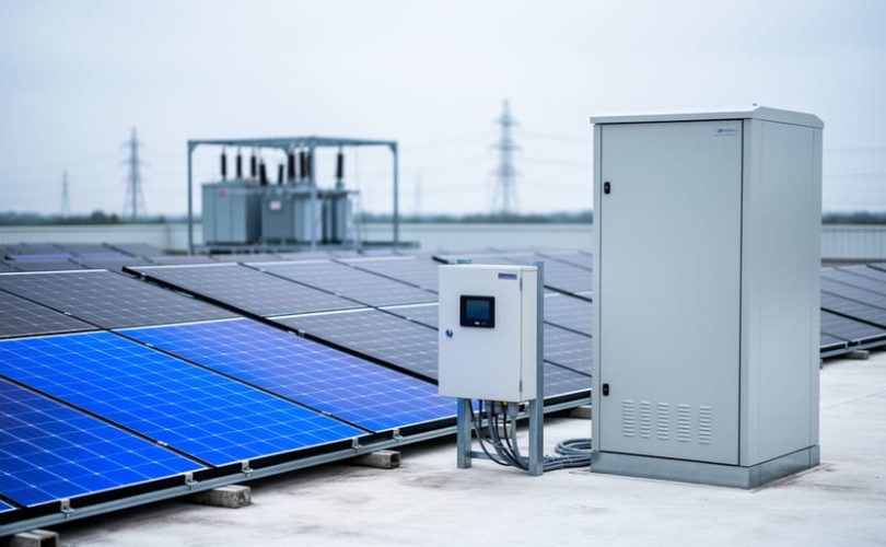 Rooftop solar panels beside a battery energy storage cabinet and inverter equipment under a bright sky, representing PV+BESS system integration.