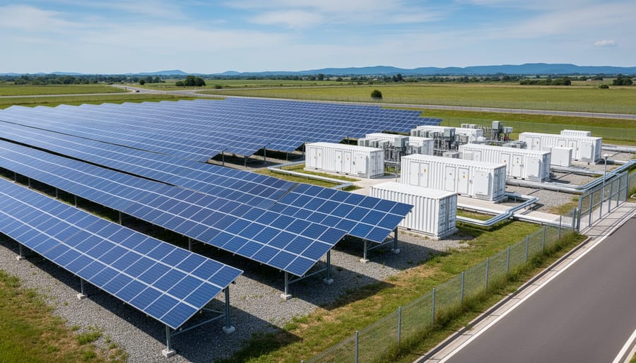 Solar panels installed next to a battery energy storage system on an industrial rooftop