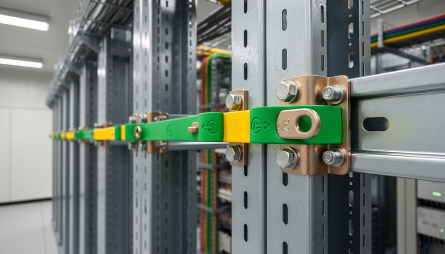 Bonding jumpers bridging an expansion joint on a solar racking rail with continuous grounding connection