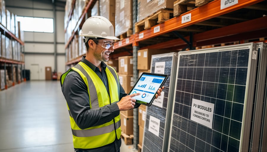 Worker in high-visibility gear reviewing solar PV components beside warehouse racking