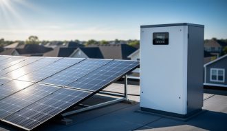 Rooftop solar panels next to a residential battery storage unit under clear daylight, representing a PV energy storage system.