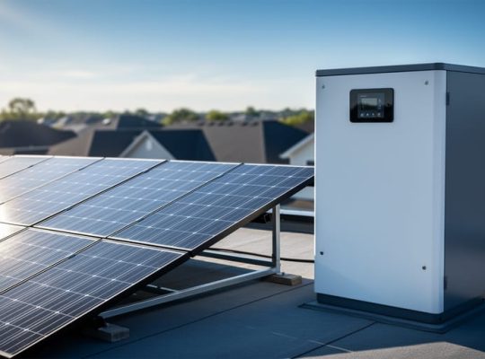 Rooftop solar panels next to a residential battery storage unit under clear daylight, representing a PV energy storage system.