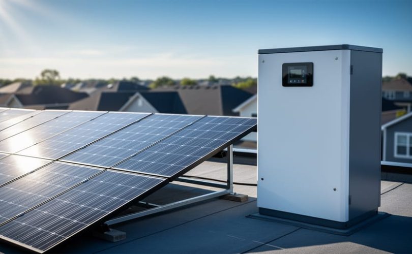 Rooftop solar panels next to a residential battery storage unit under clear daylight, representing a PV energy storage system.