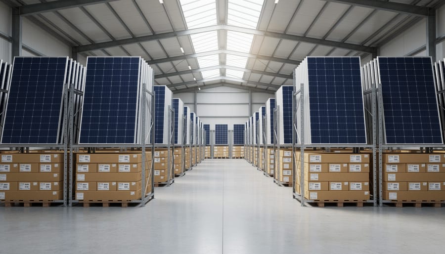 Solar panel modules stacked on pallets inside an industrial warehouse
