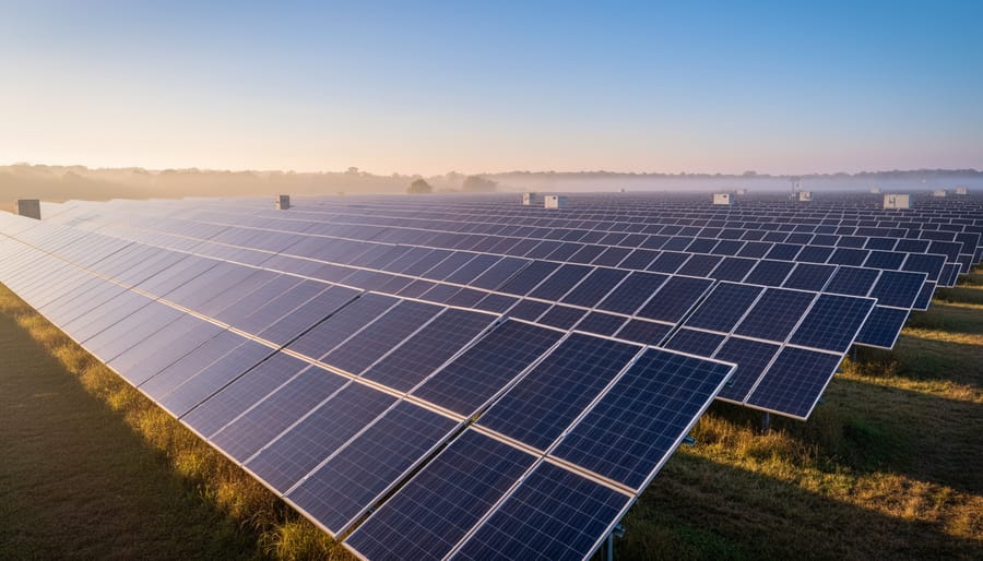 Sunrise view of a utility-scale solar PV plant with panel rows extending into the distance