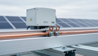 Close-up of a copper bonding conductor and bolted ring terminals connecting metal components on a photovoltaic mounting structure, shown beside solar modules.