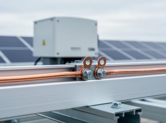 Close-up of a copper bonding conductor and bolted ring terminals connecting metal components on a photovoltaic mounting structure, shown beside solar modules.