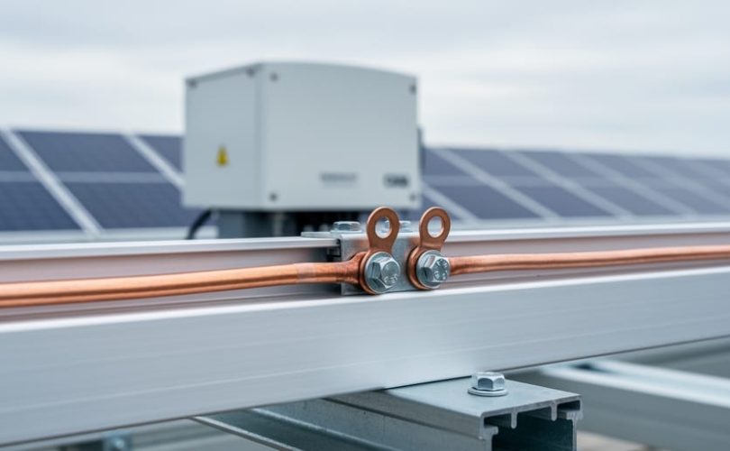 Close-up of a copper bonding conductor and bolted ring terminals connecting metal components on a photovoltaic mounting structure, shown beside solar modules.