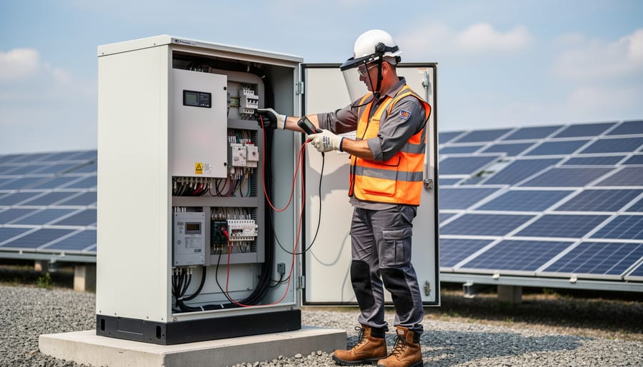PV technician in PPE performing electrical measurements near a solar inverter cabinet