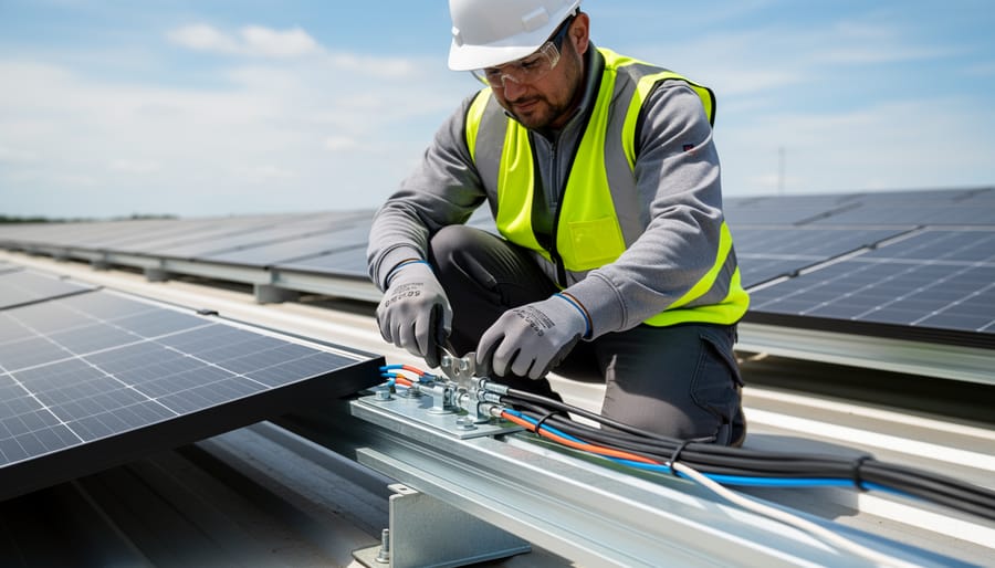 Technician in PPE installing a bonding conductor and grounding lug on a rooftop solar mounting rail