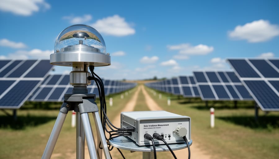 Pyranometer solar irradiance sensor mounted on a mast beside a concrete pad.