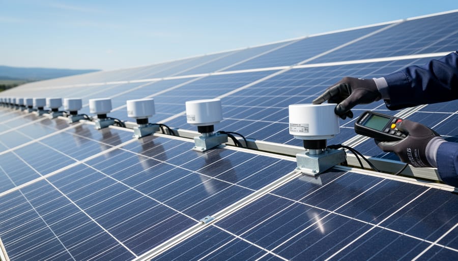Technician positioning an irradiance sensor near solar panels during measurement work