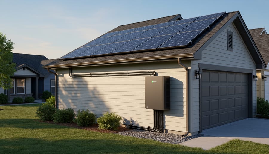 Rooftop solar panels alongside a residential battery storage cabinet in a modern home courtyard