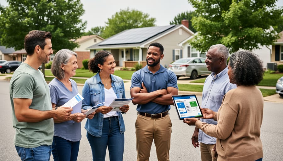 Diverse residents talking outdoors and discussing community solar enrollment options