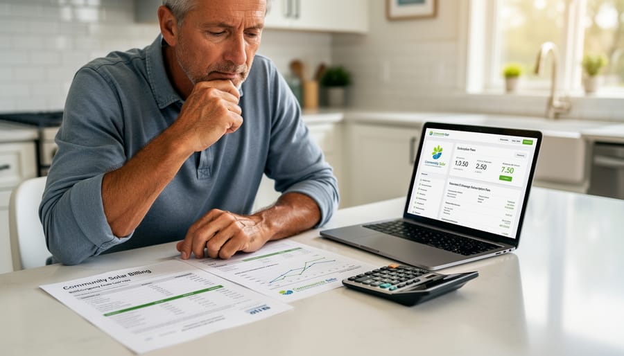 Person reviewing a community solar contract and utility bill on a kitchen table