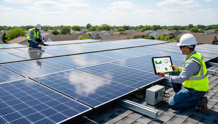 Rooftop solar panels with mounting hardware under an overcast sky.