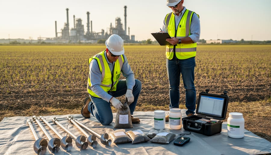 Environmental technician using a soil sampling auger at a bare patch of ground at a former industrial property.