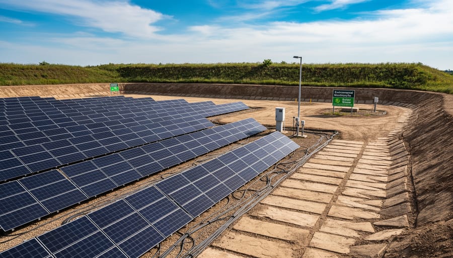 Solar panels installed near an engineered barrier area at a remediated site.