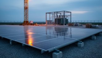 Twilight view of a solar panel installation site with construction equipment and nearby electrical infrastructure in the background.