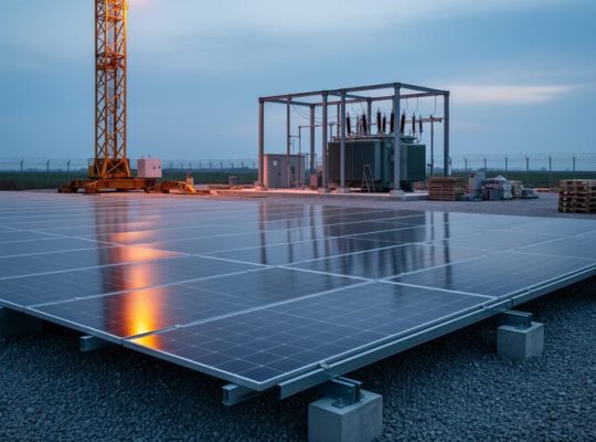 Twilight view of a solar panel installation site with construction equipment and nearby electrical infrastructure in the background.